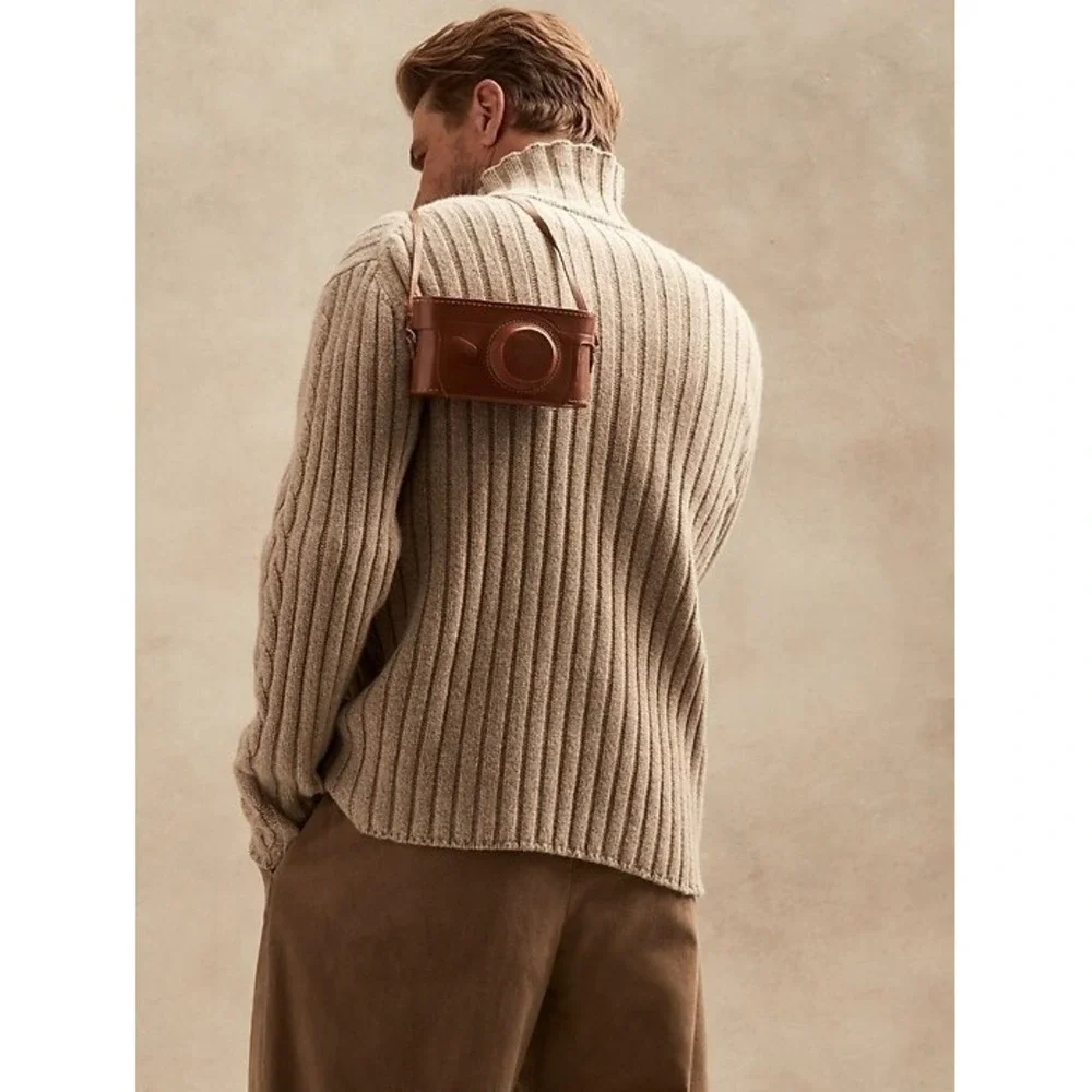 Banana Republic Beige Italian Wool Blend Turtleneck Cable Fisherman Sz XL